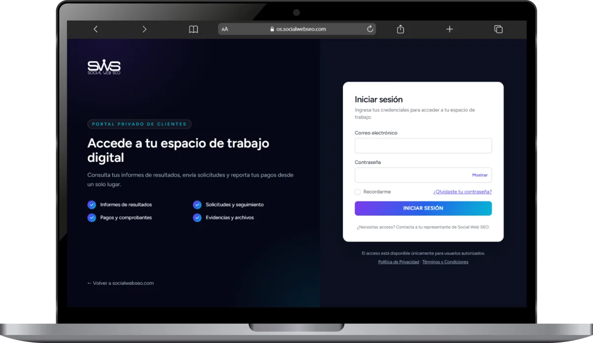 Panel de Social Web SEO OS en escritorio: informes, pagos y solicitudes