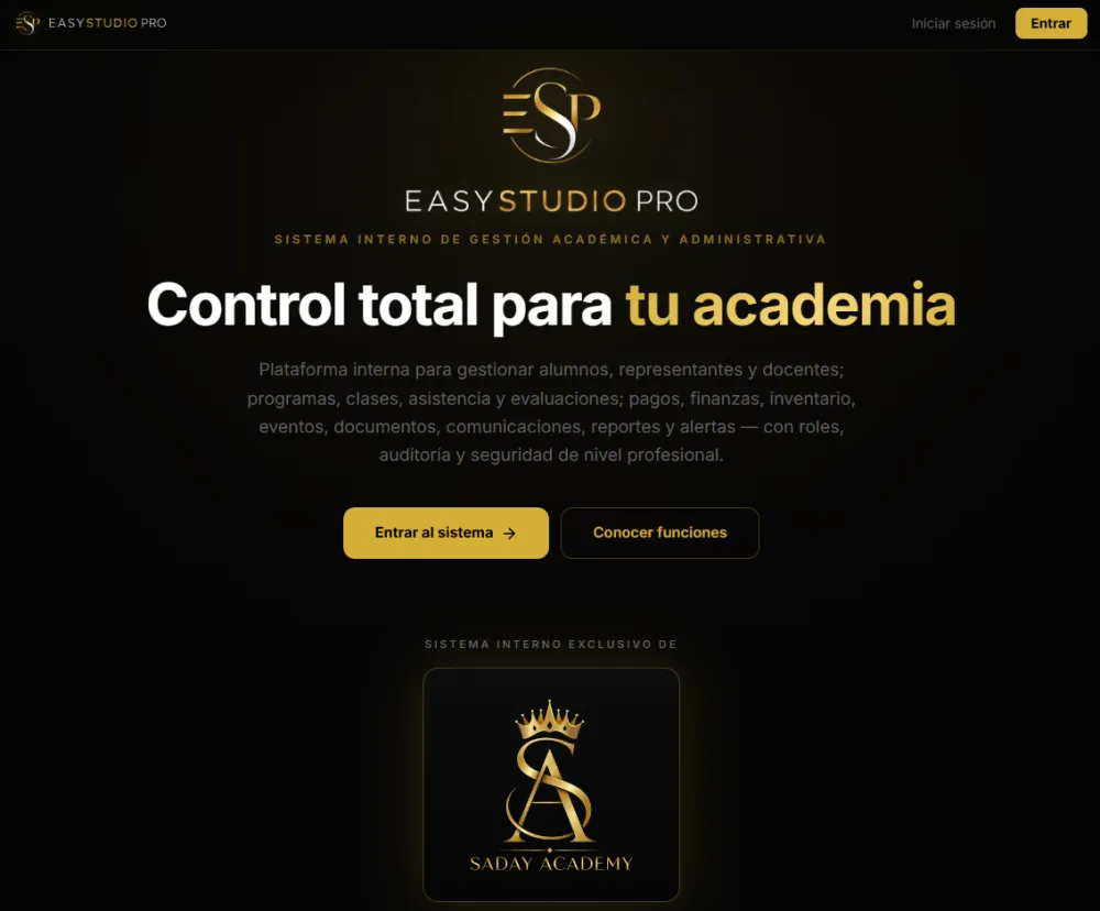 Pantalla de EasyStudio Pro, la app desarrollada para Saday Academy