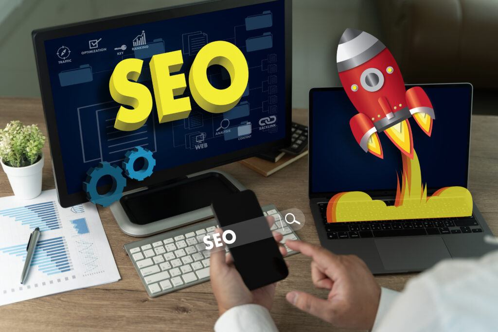 Businessman works laptop search engine optimization seo laptop browsing website digital marketing